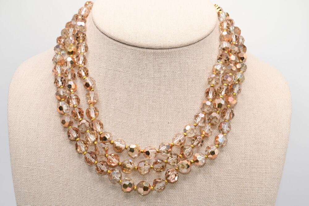 Vintage 3 Strand Crystal Bead Necklace Gold Tone AB 1950s Choker 15"
